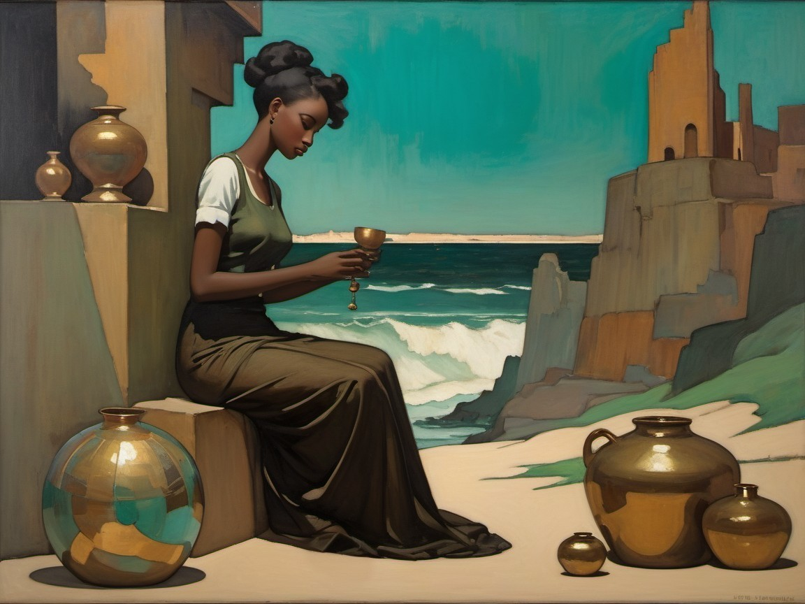 Serene Coastal Scene with Woman and Ornate Pots