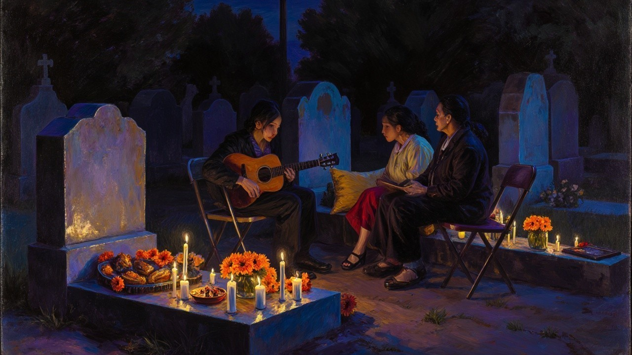 Gathering at Dusk in a Graveyard with Candlelight