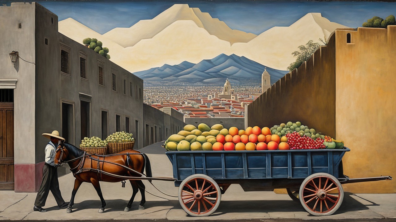 Vibrant scene of a man with horse-drawn cart and fruits