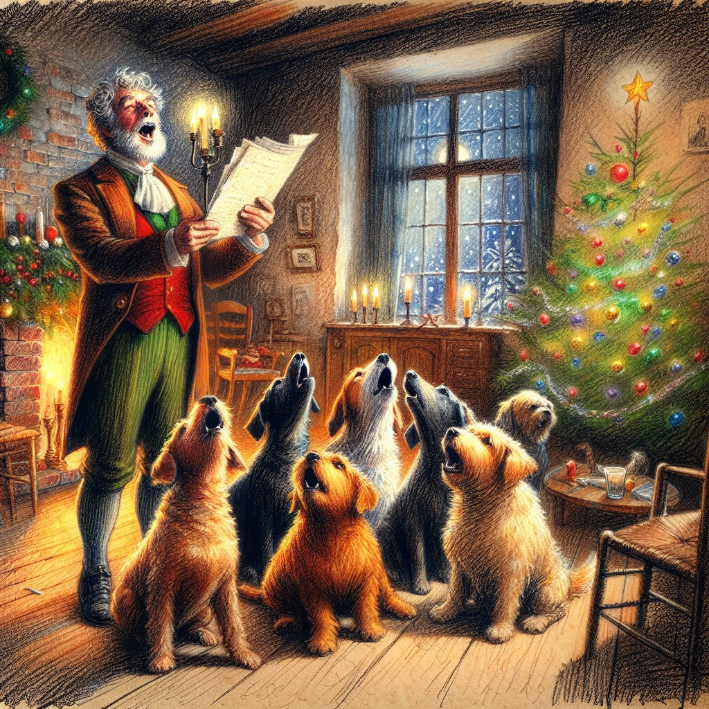 Festive Room with Singing Man and Howling Dogs