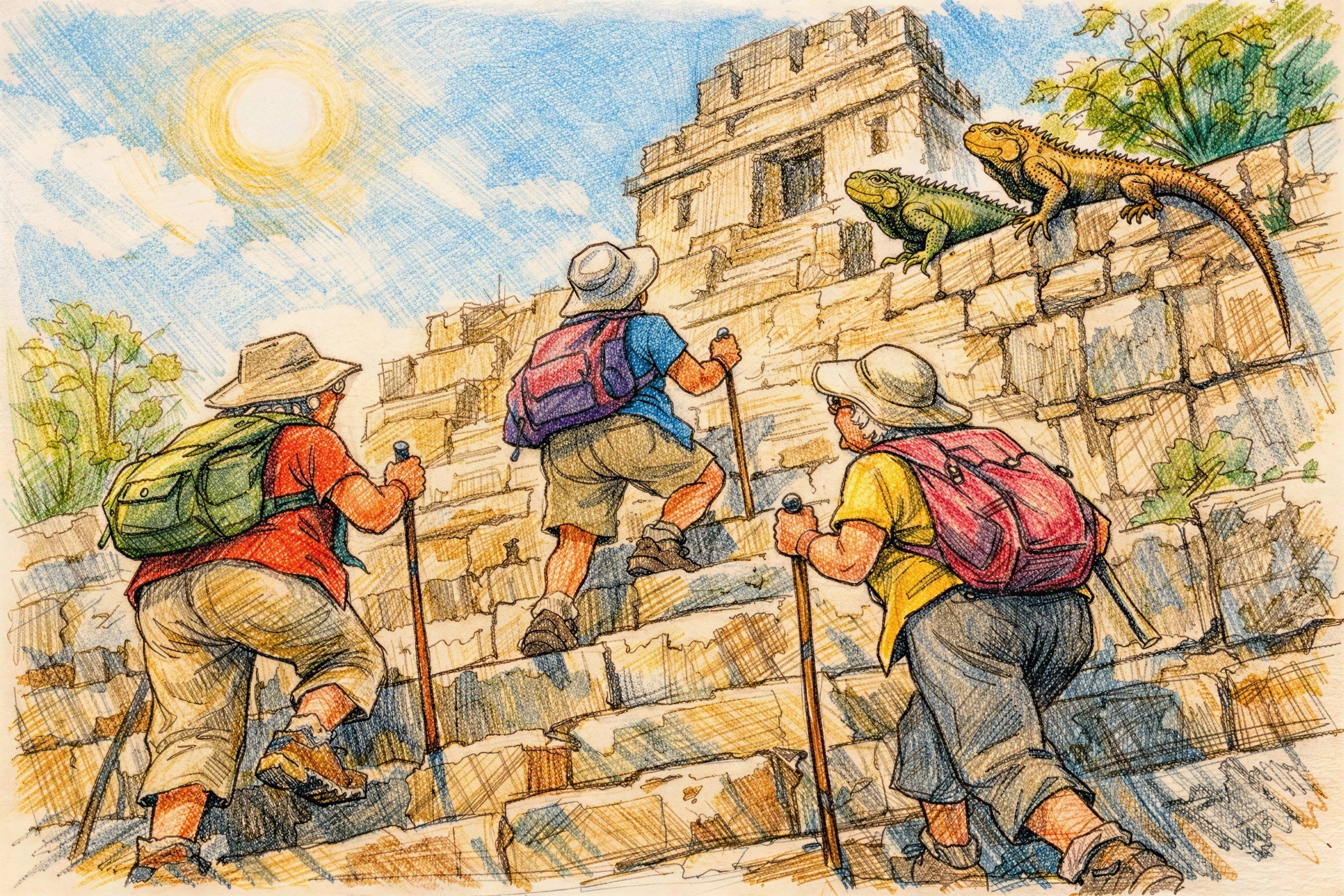 Hikers Ascending Stone Steps to Temple Structure