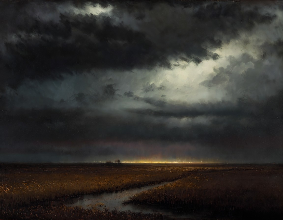 Dramatic Landscape with Stormy Sky and Illuminated Horizon