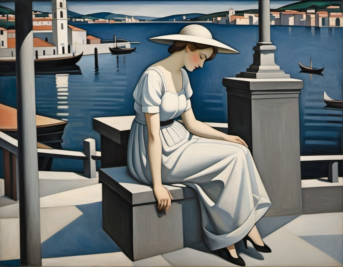 Serene Woman in White Dress by Tranquil Waterway