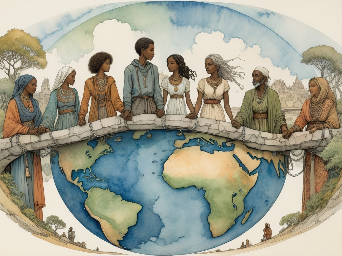 Diverse Group on Bridge Over World Map Illustration