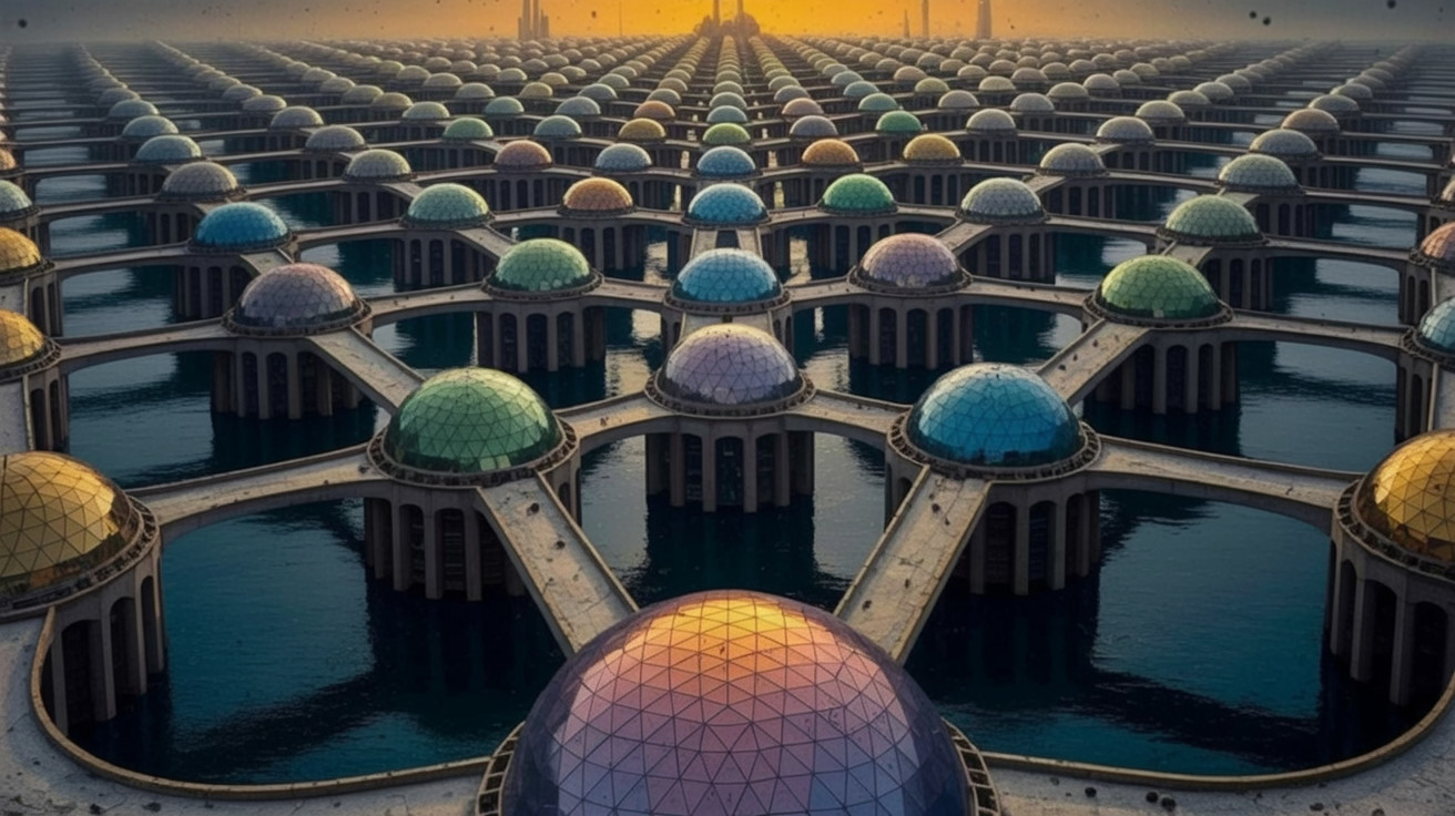 Surreal Landscape with Colorful Dome Structures