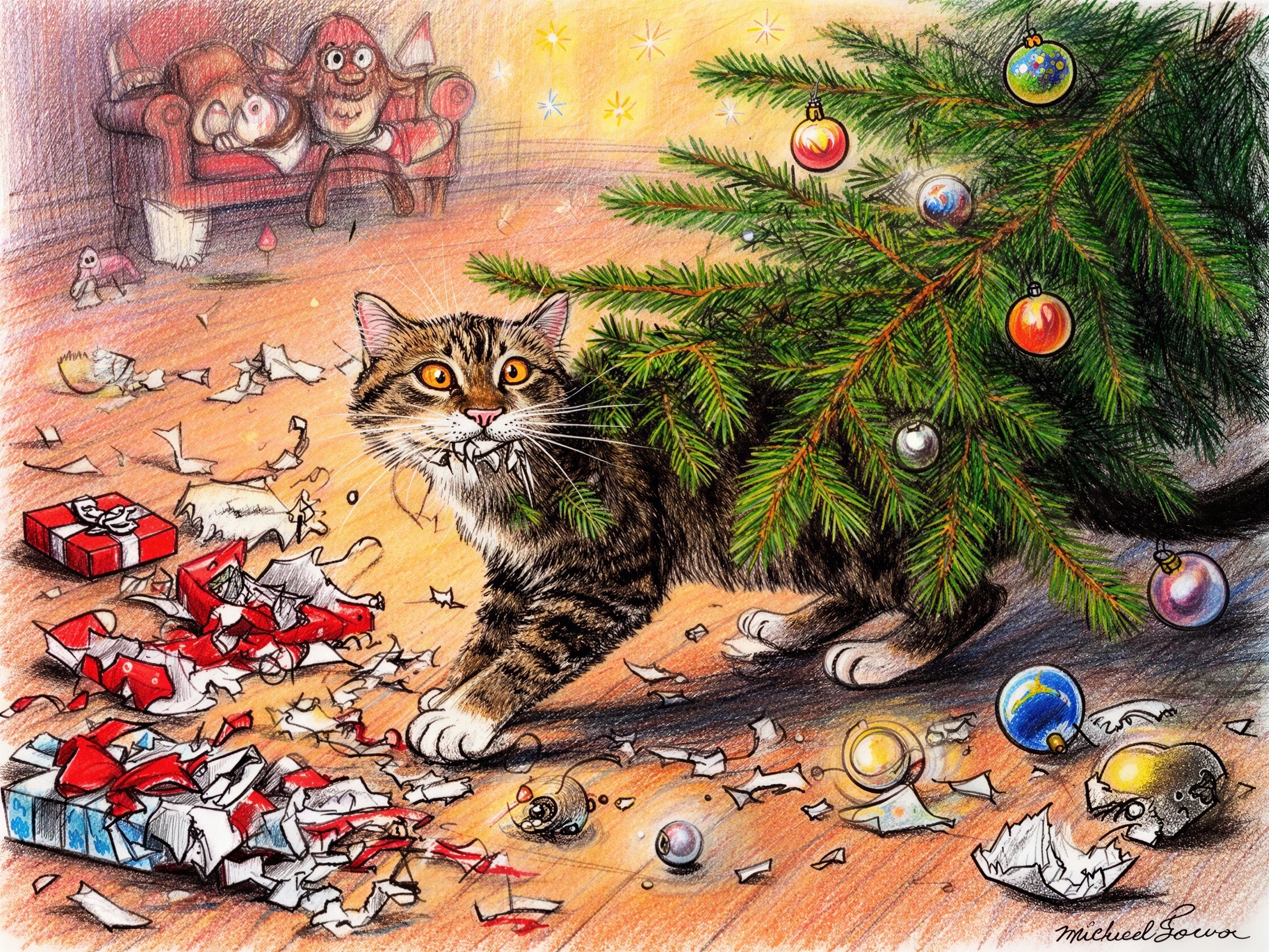 Mischievous Tabby Cat Under Fallen Christmas Tree Illustration