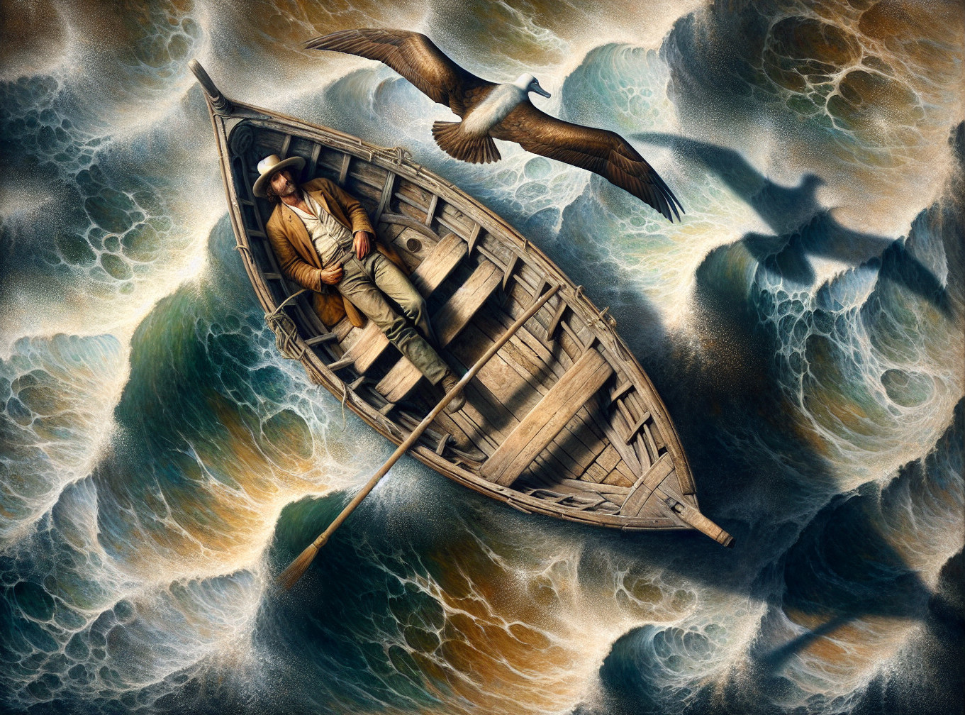 Lone Figure in Boat Amidst Turbulent Ocean Waves