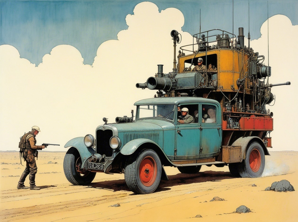 Vintage truck in desert with retro-futuristic machinery