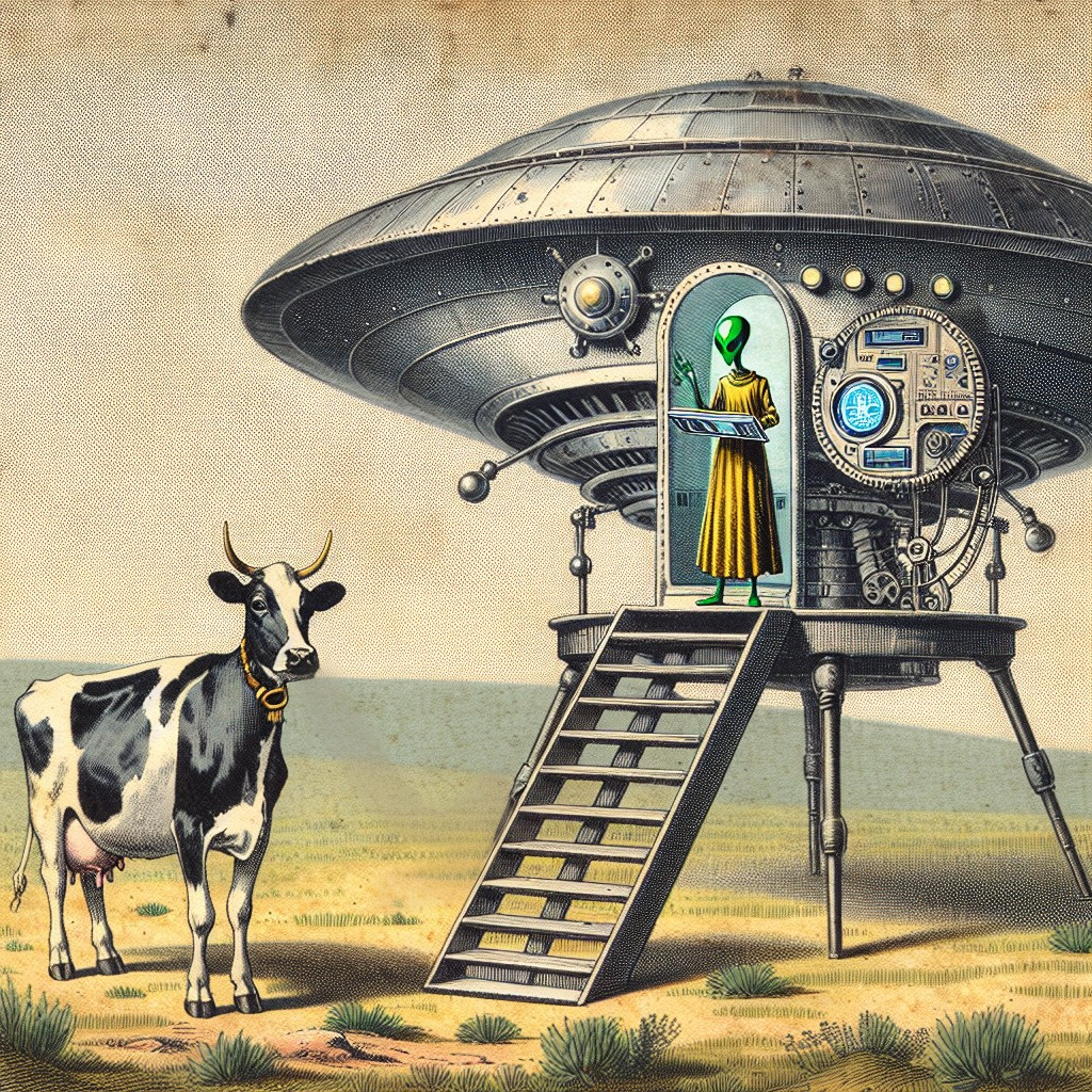 Cartoon Alien Exits UFO in Humorous Rural Scene
