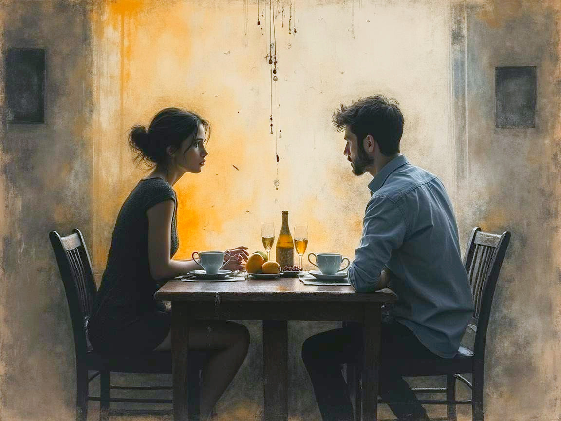 Intimate Conversation in a Moody Setting with Oranges