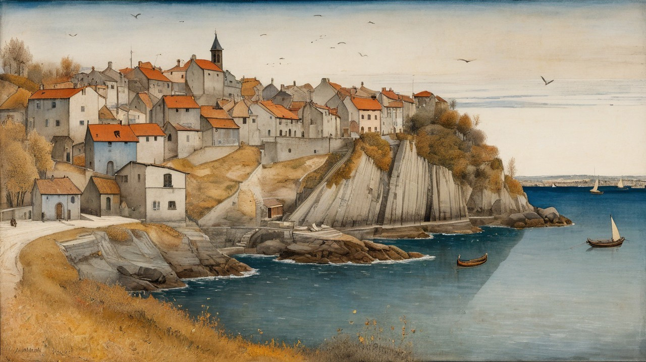 Coastal Village on a Cliff with Autumn Landscape