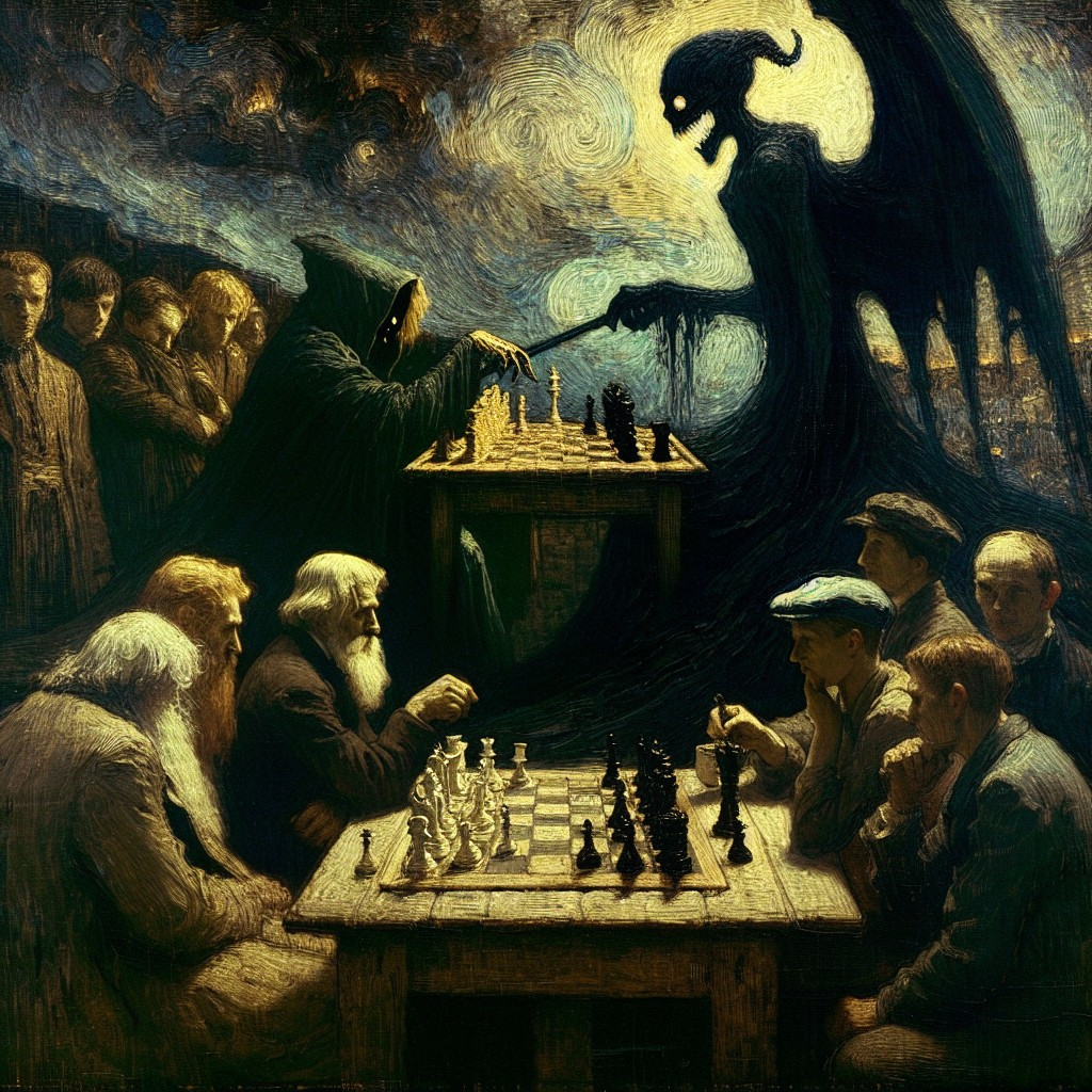 Dramatic Chess Match Between Life and Death Figures