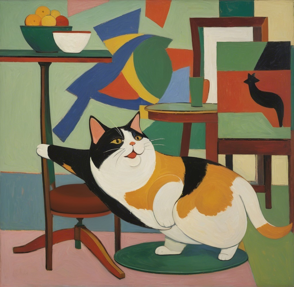Playful Calico Cat in Vibrant Abstract Setting