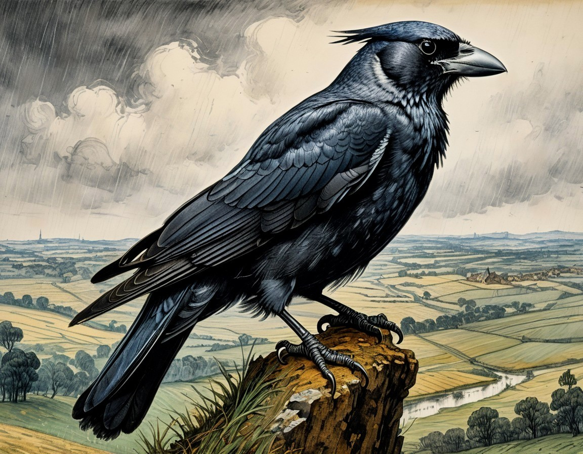 Illustration of a black raven on a rocky outcrop