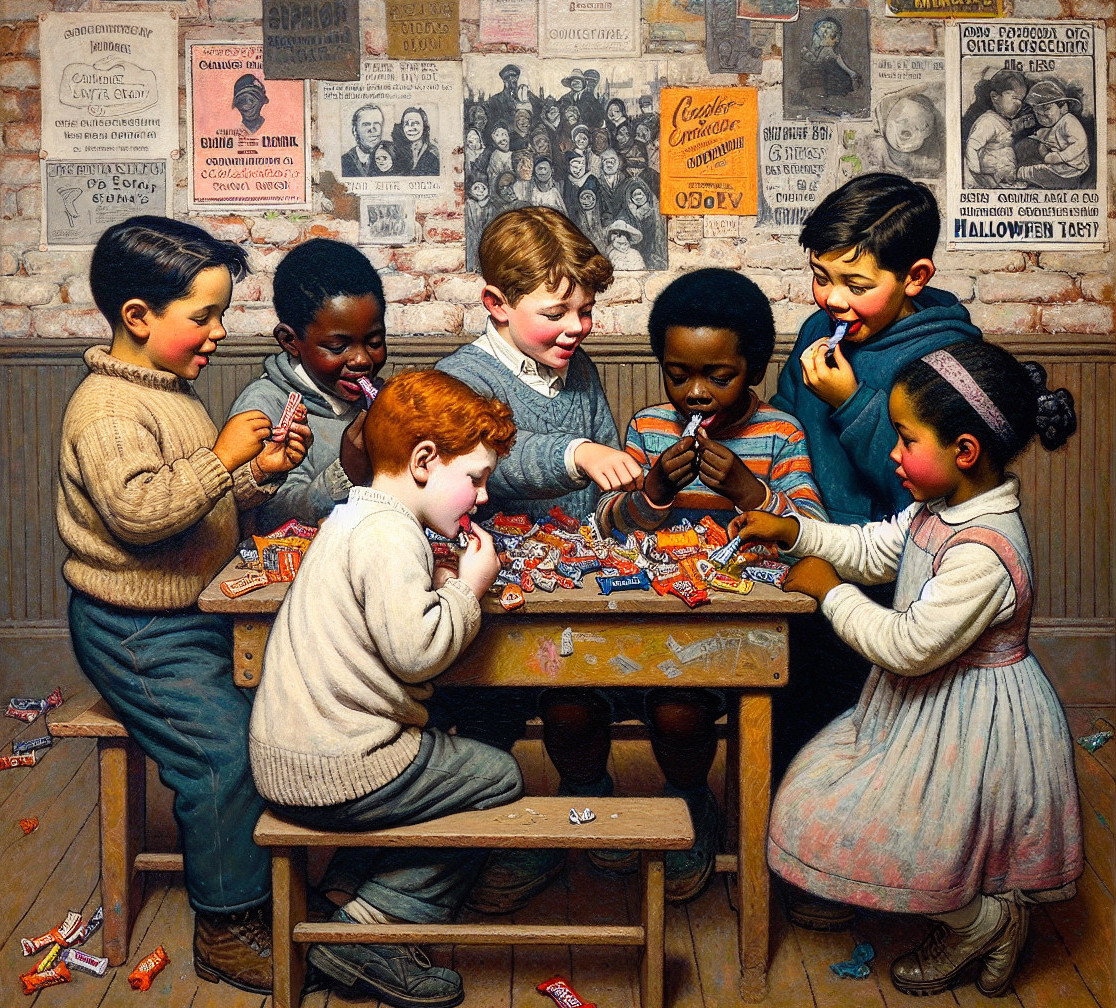 Children Sharing Colorful Candy in Nostalgic Setting