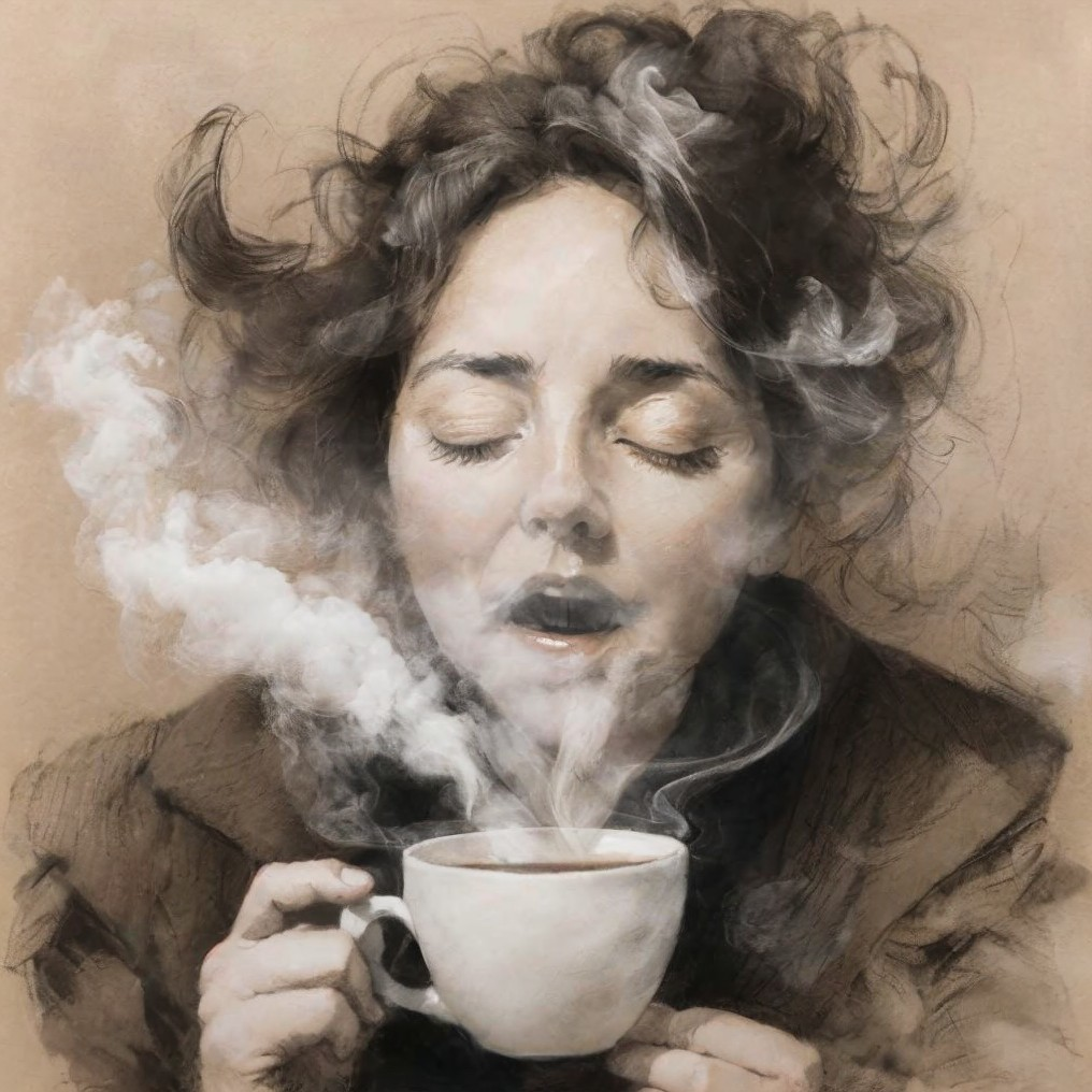 Woman with tousled hair enjoying a steaming cup