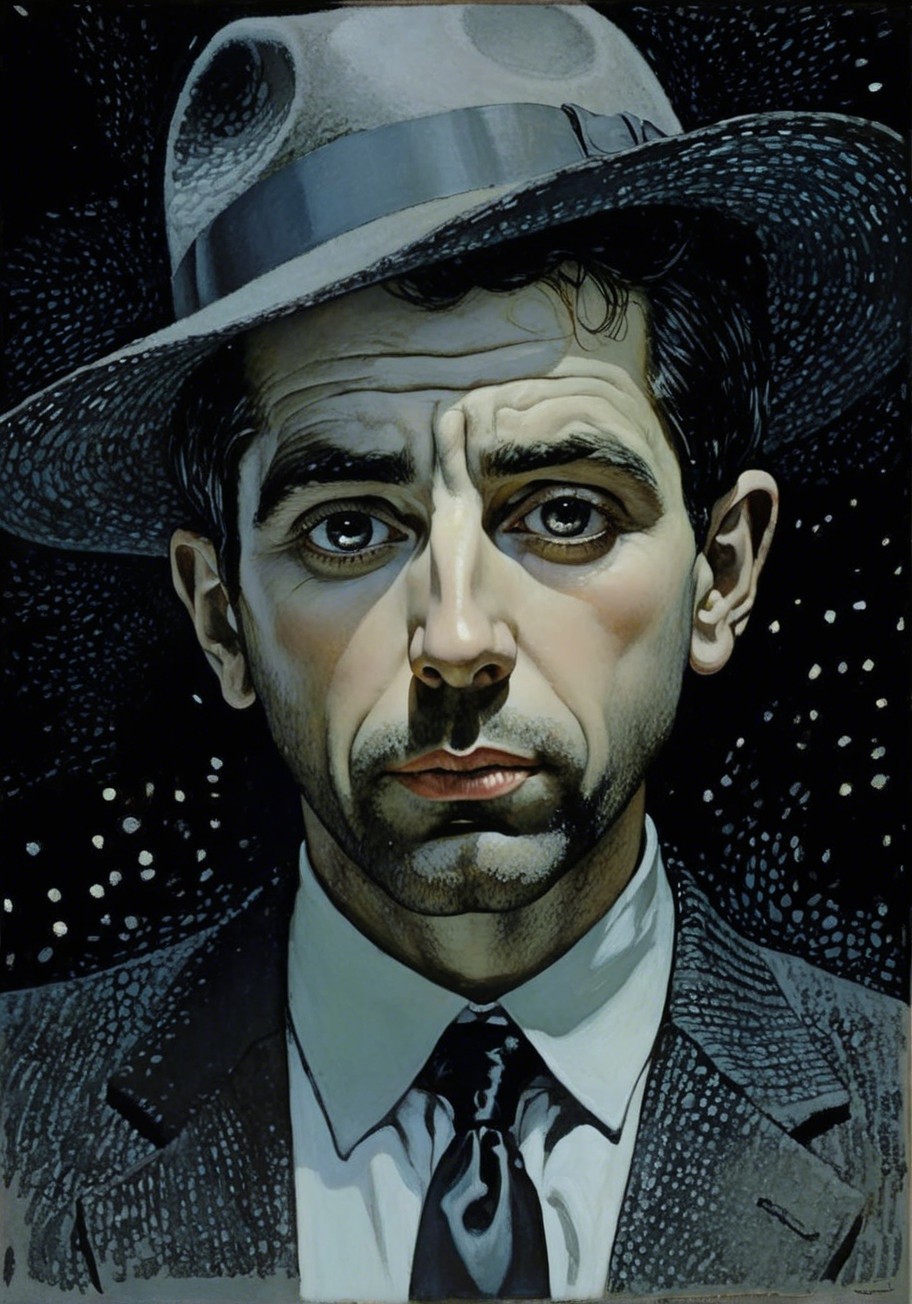 Portrait of a man in fedora and suit against stars