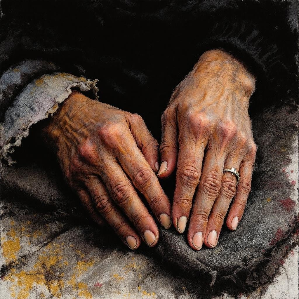 Close-up of Aged Hands on Textured Surface