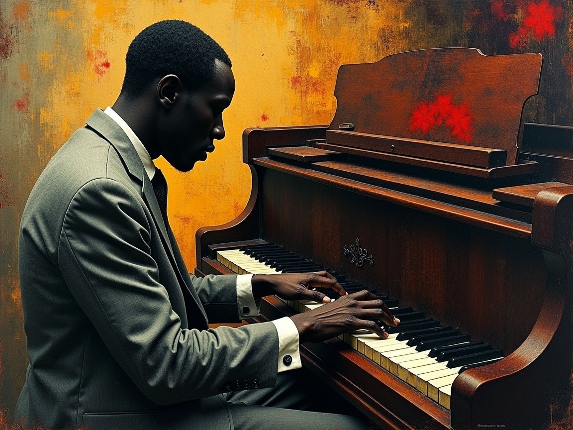 Silhouette of a Man Playing Grand Piano in Warm Colors
