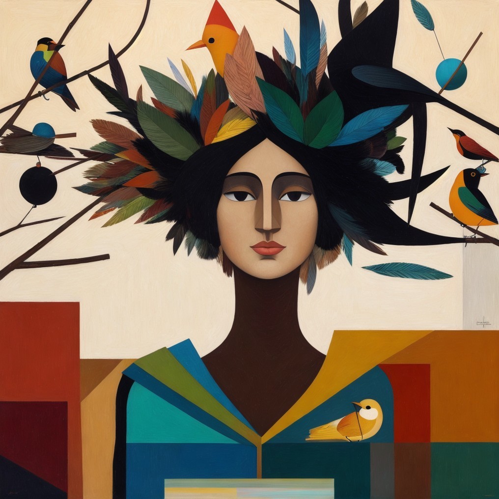 Stylized Woman with Leaf Headdress and Colorful Birds