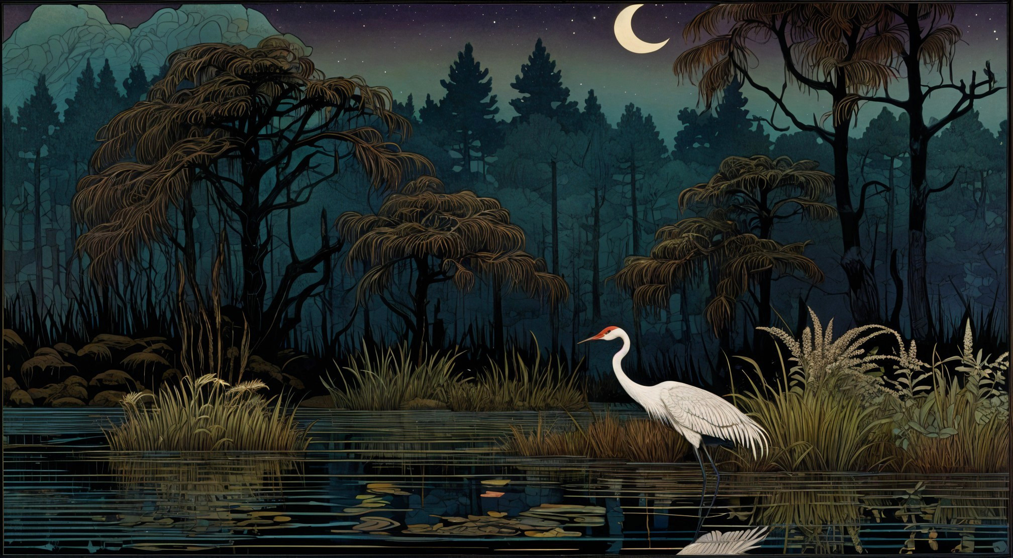 Twilight Landscape with Crane by Tranquil Lake