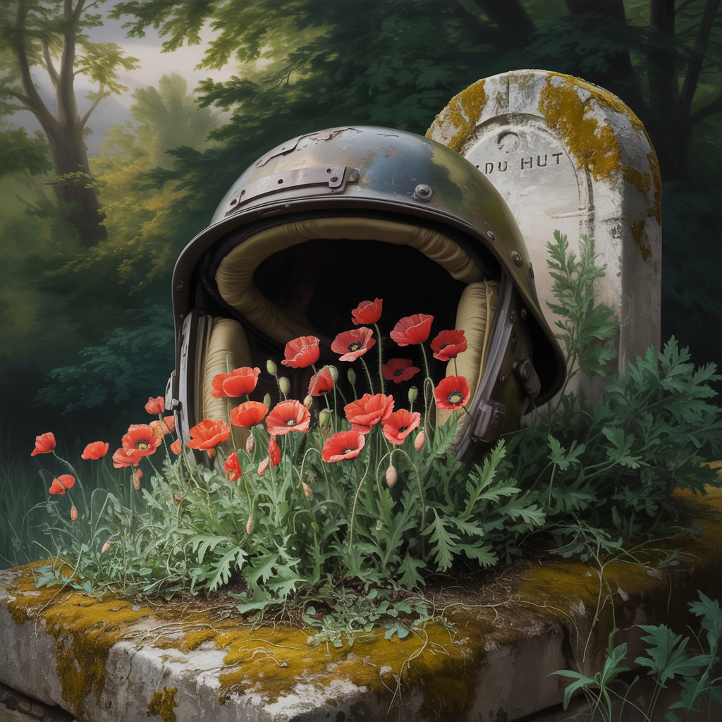 Astronaut Helmet on Mossy Grave Surrounded by Poppies