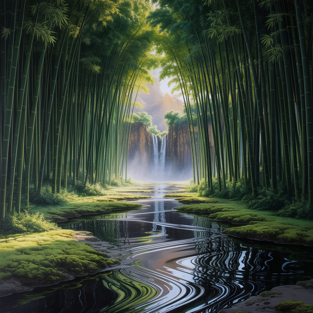 Bamboo Grove with Waterfall and Lush Greenery Scene