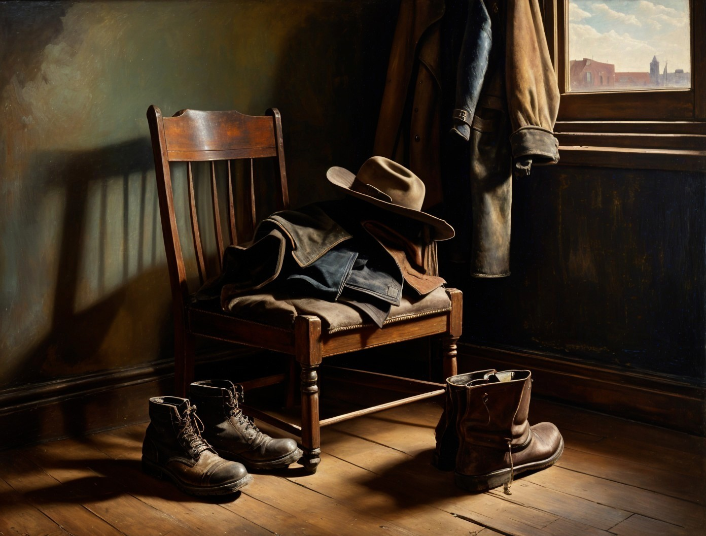 Rustic Wooden Chair with Clothing and Leather Boots