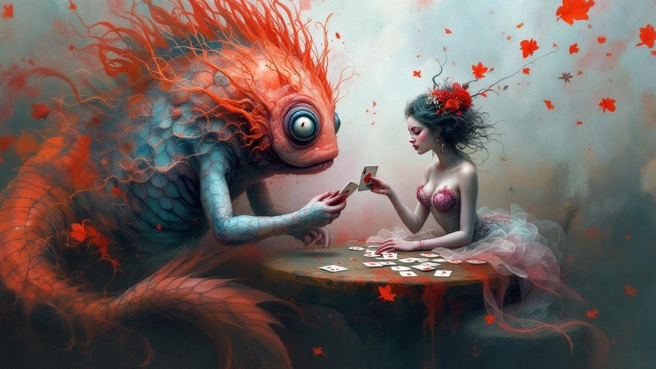 Whimsical Fish Creature and Woman Playing Cards