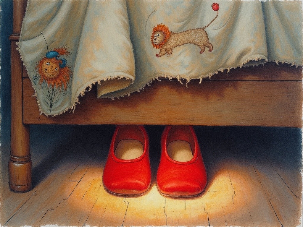 Bright Red Shoes on Wooden Floor Under Bed