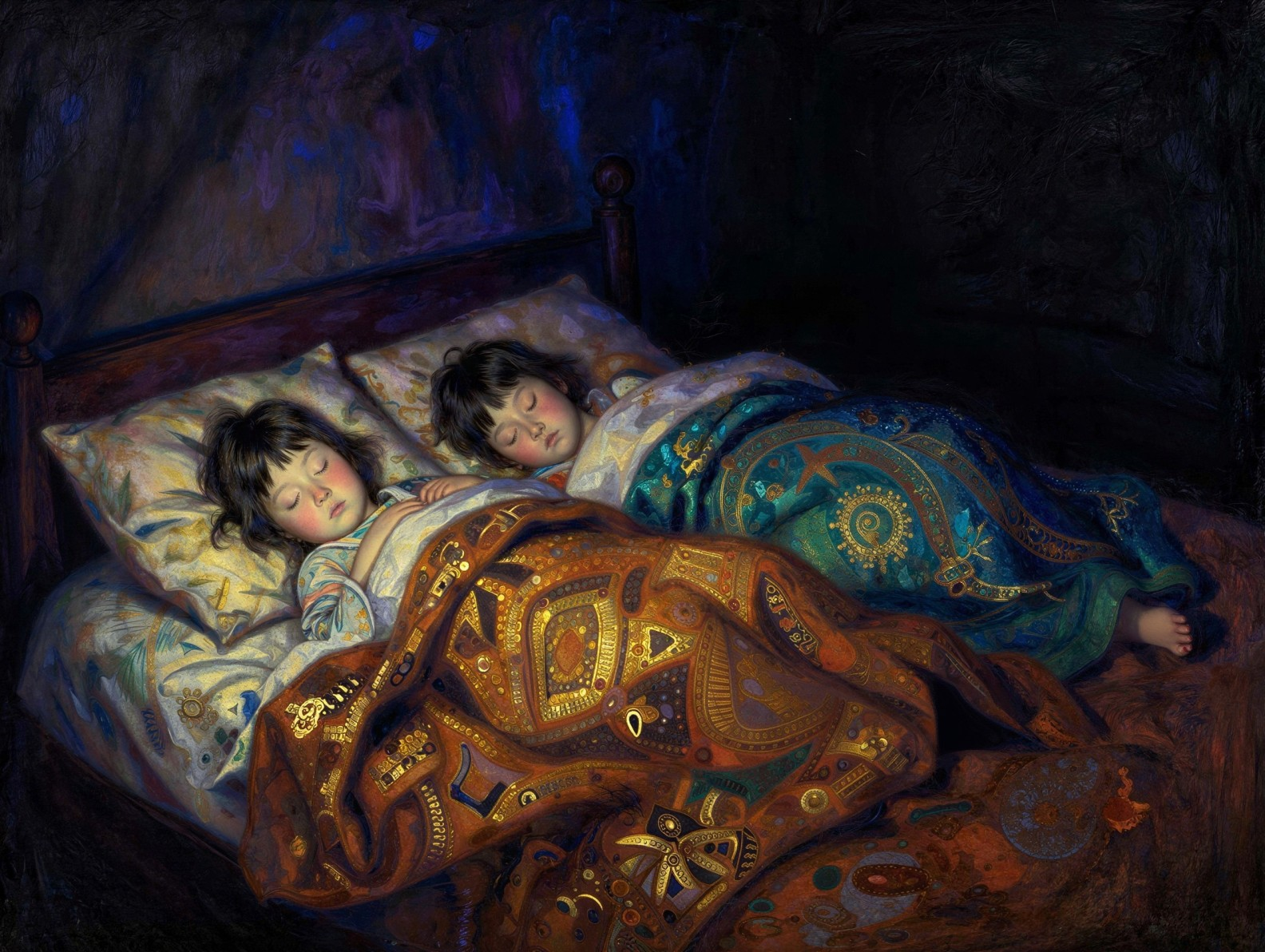 Oil Painting of Twin Sisters Sleeping in a Dark Room