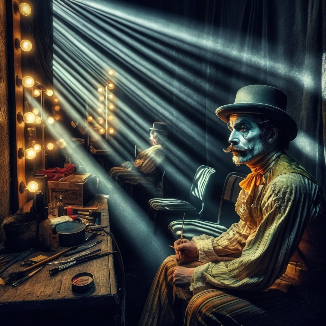 Vintage Clown in Dimly Lit Dressing Room Setting
