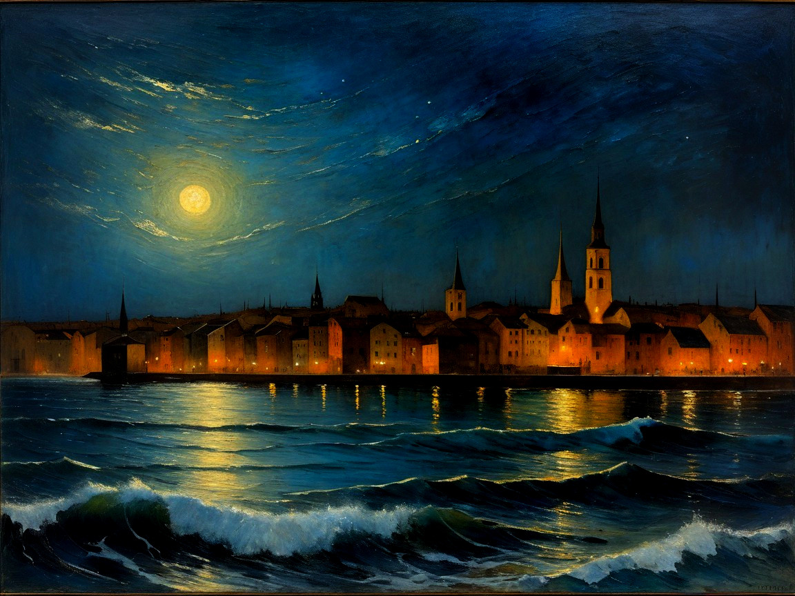 Serene Night Scene with Moonlit Village and Waters