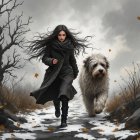 Young woman and fluffy dog on snowy path in autumn