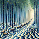 Bamboo Forest Scene with Deer and Tranquil Stream