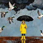 Girl in Yellow Raincoat Surrounded by Ducks in Rain