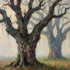 Gnarled trees in a foggy, serene landscape setting