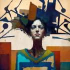 Stylized Woman with Leaf Headdress and Colorful Birds