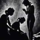 Three Women in Monochromatic Emotional Setting