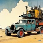 Vintage truck in desert with retro-futuristic machinery