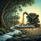 Surreal Scene of Limousine and Golden Coin Harvesting