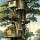 Whimsical Multi-Level Treehouse in Lush Landscape