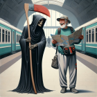Skeletal Figure and Elderly Man at Train Station