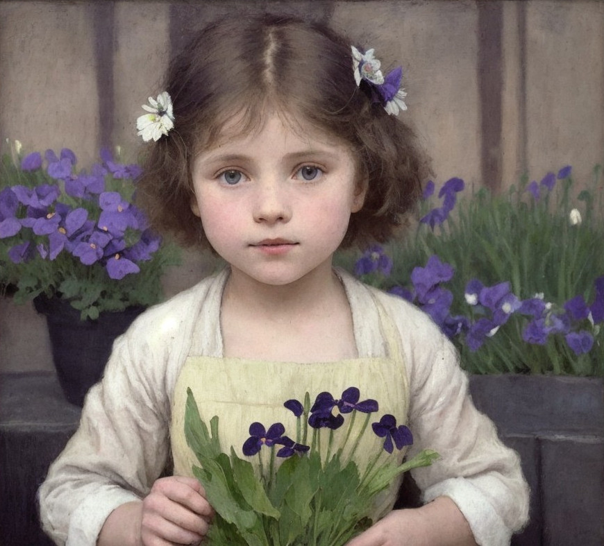 Young girl in light dress with bouquet in flower garden