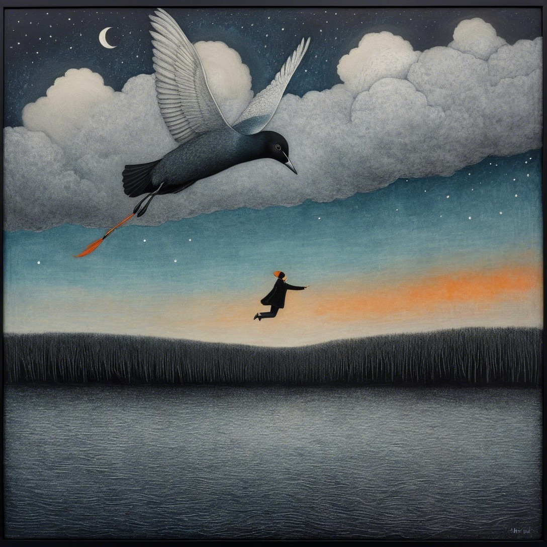 Surreal Landscape with Figure and Soaring Bird