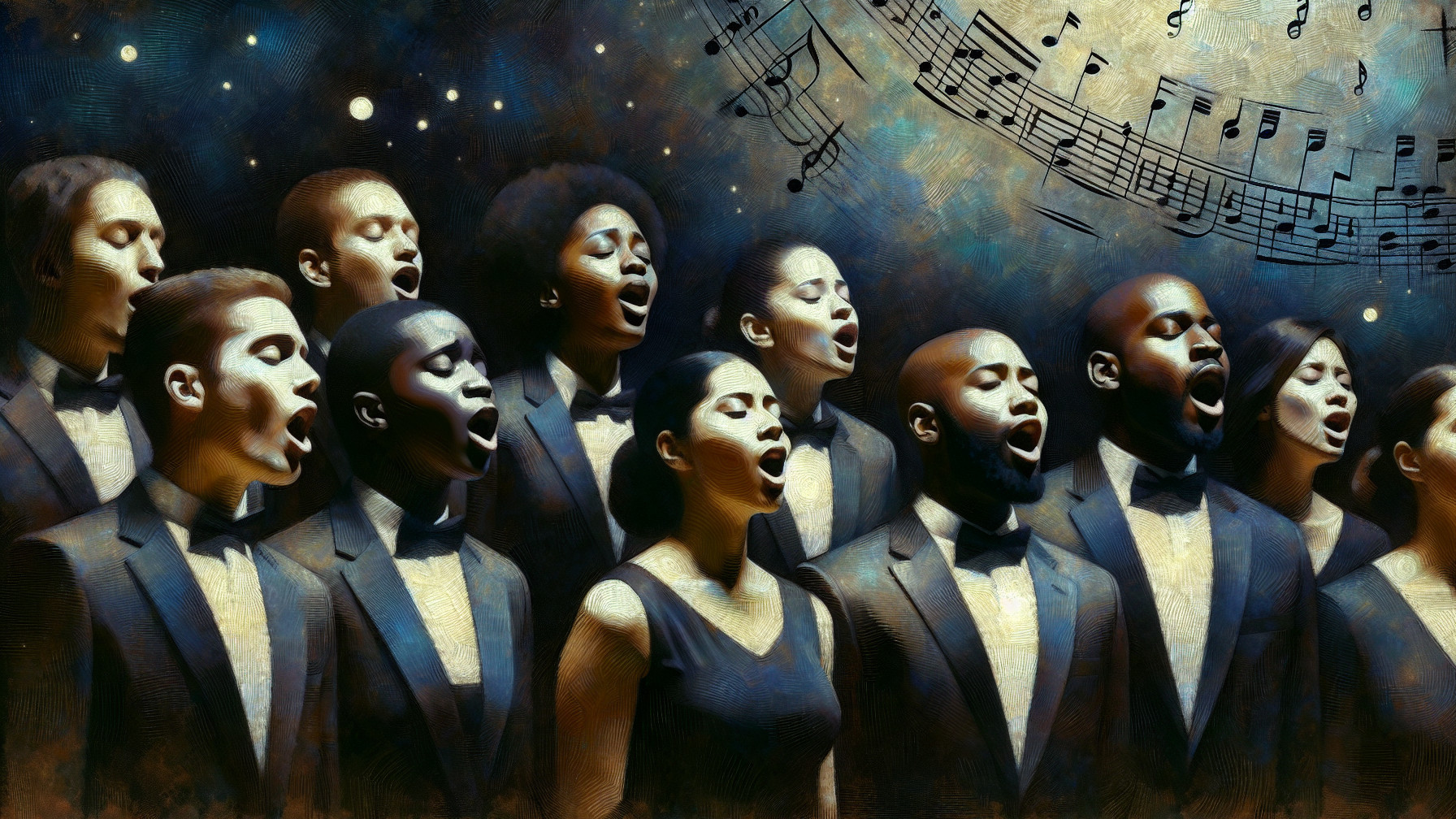 Diverse Singers Performing in Formal Attire with Notes