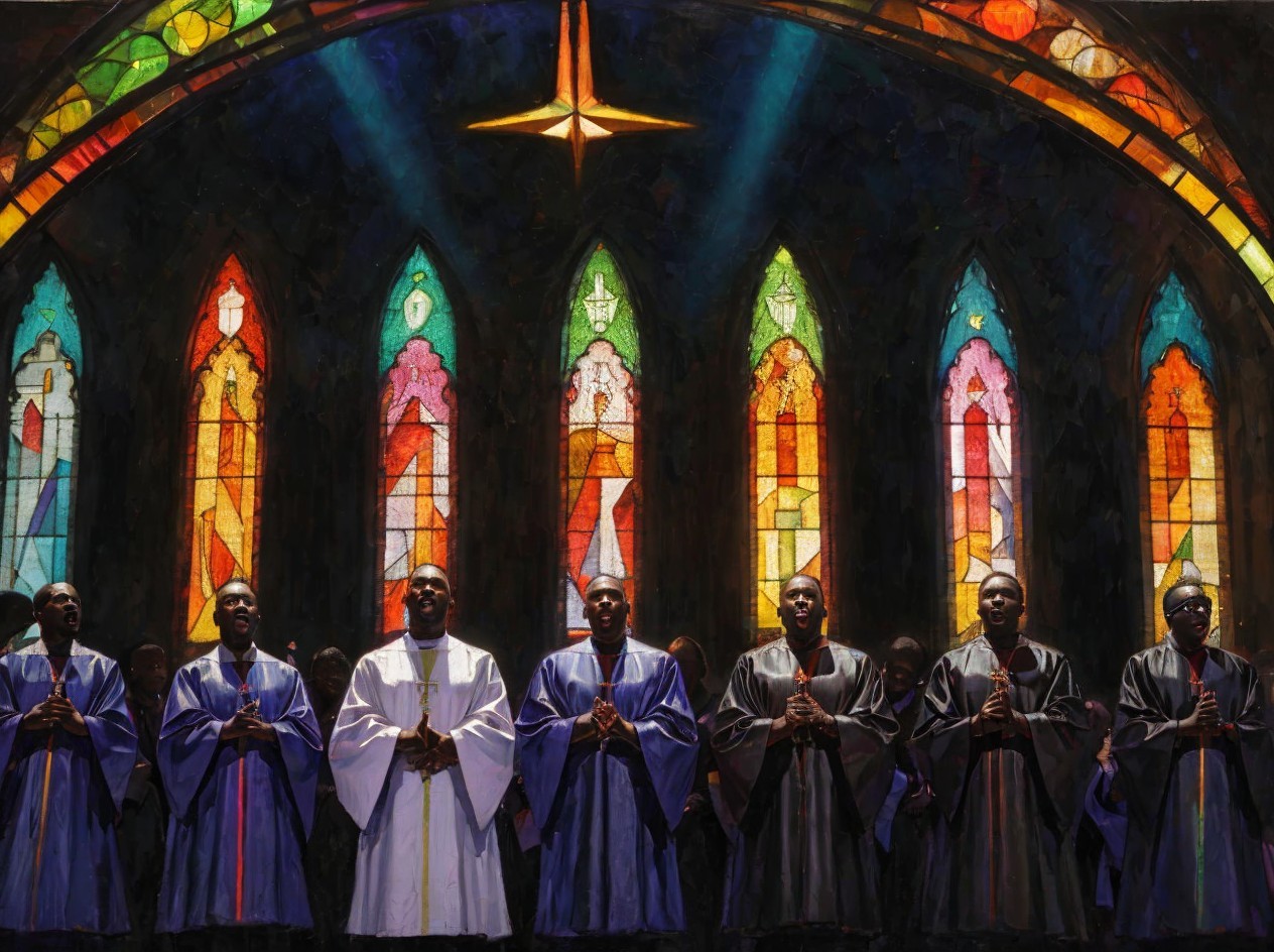 Men in Dark Robes Inside Church with Stained Glass
