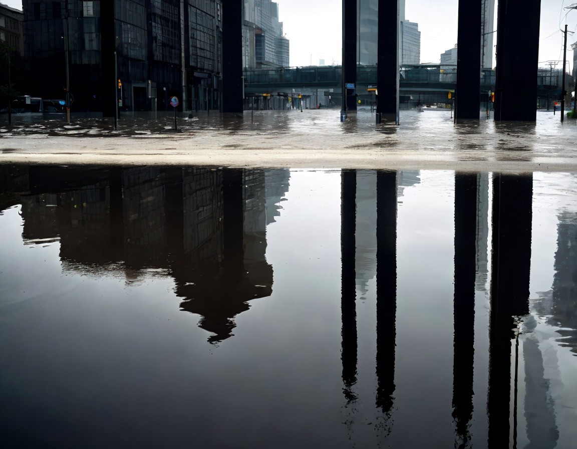 Flooded City Street with Reflections and Overcast Sky
