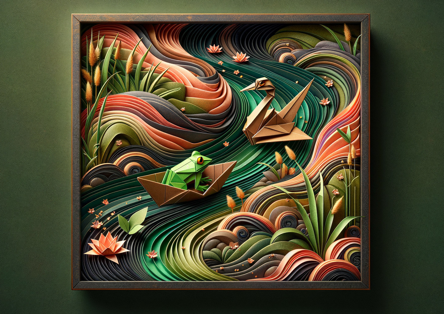 Intricate Paper Art Scene of Waterway with Frogs and Swans