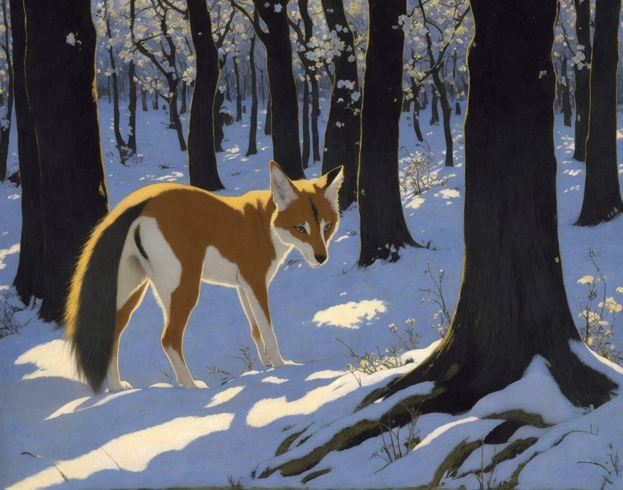 Vibrant Fox in Snowy Forest with Delicate Flowers